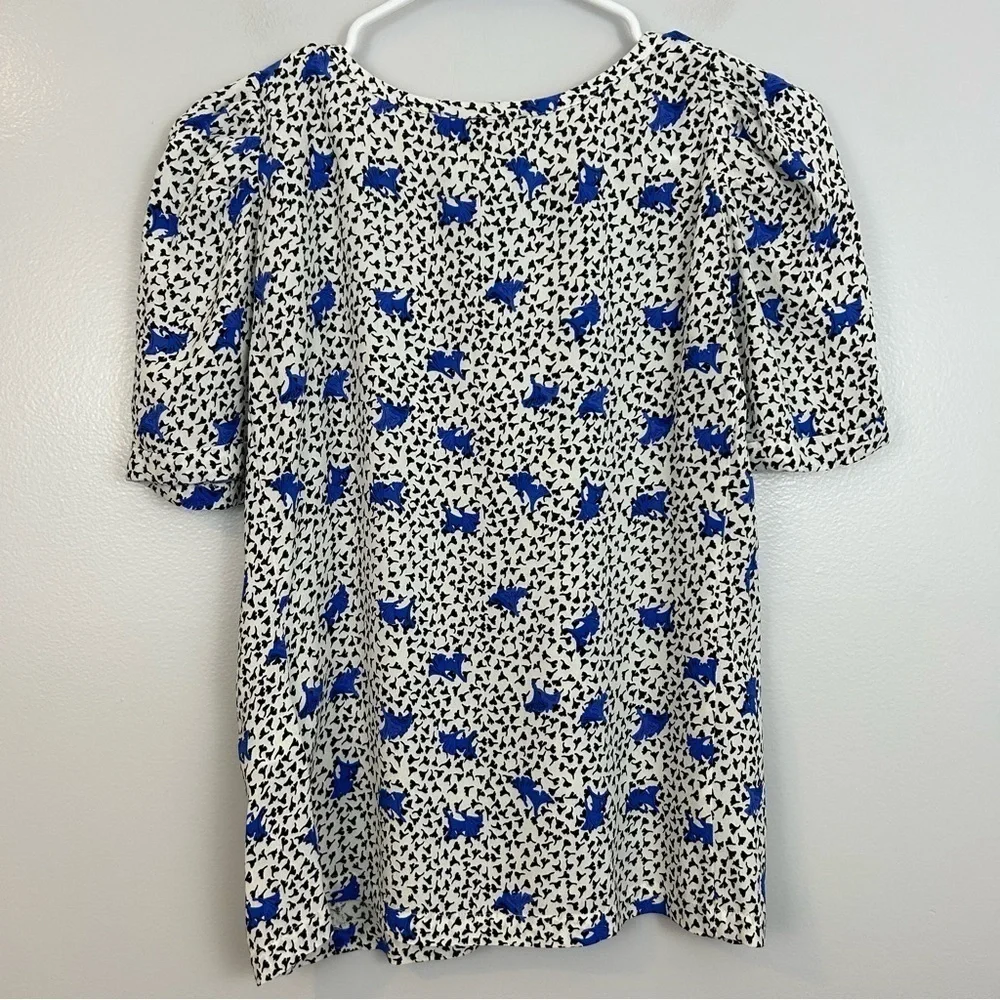 MAJE Lensam Floral Leaf Blue/White V-neck Short Puff Shoulder Blouse Size Small